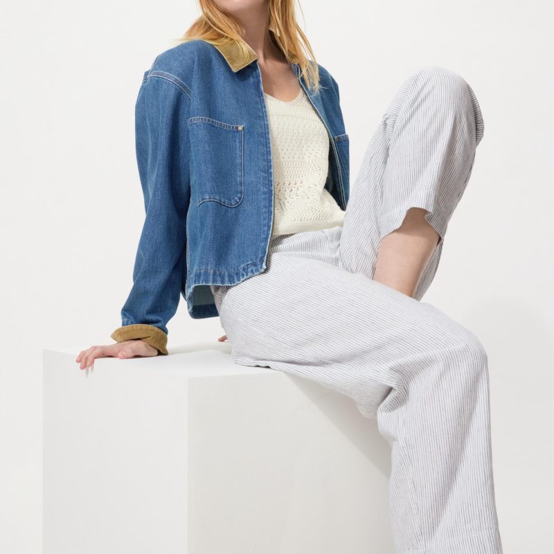 Льняные хлопчатобумажные брюки зауженного кроя (в полоску, удлиненные)