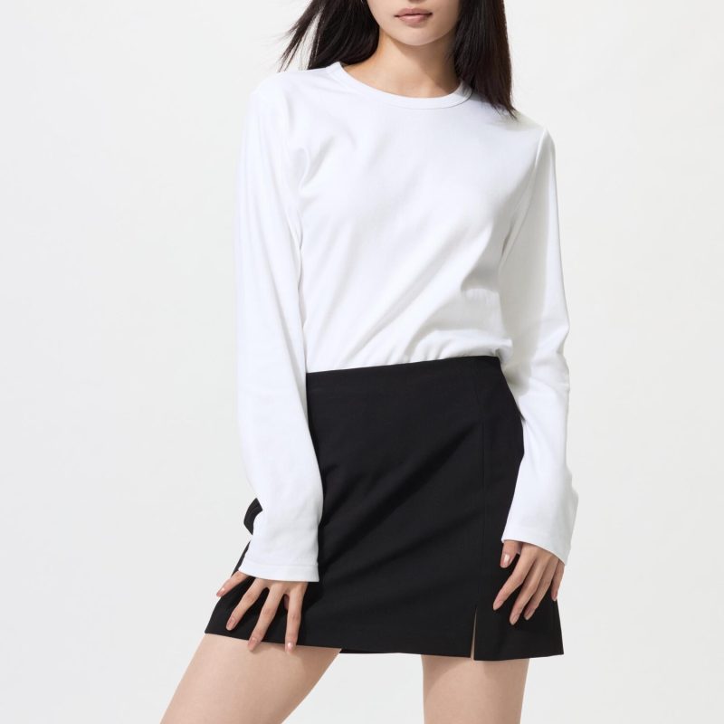 Гладкая хлопковая футболка-стрейч (с длинным рукавом)