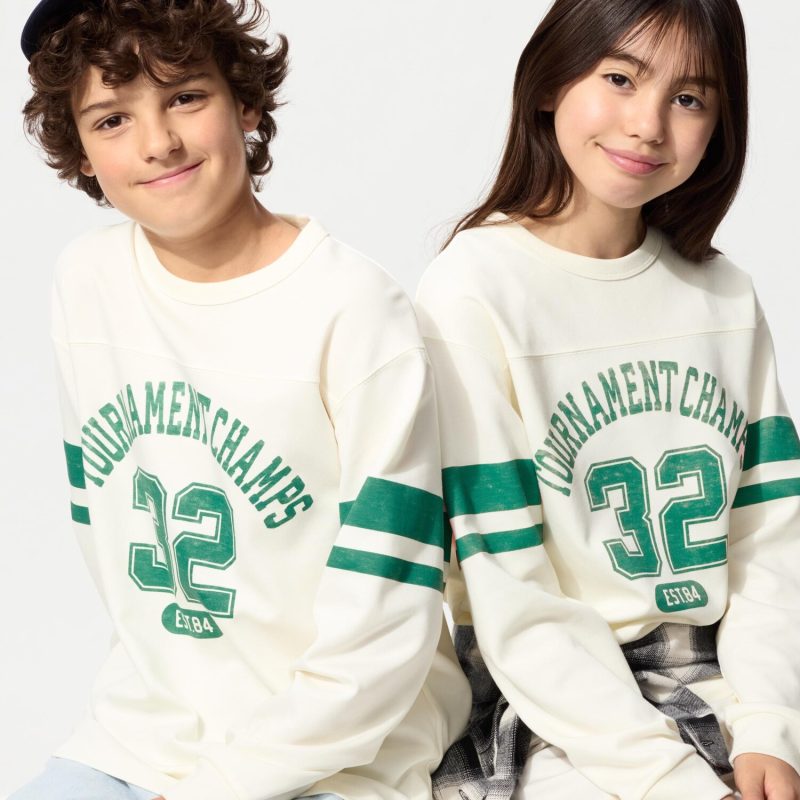 Хлопковая футболка AIRism с круглым вырезом горловины (графический рисунок, длинный рукав)