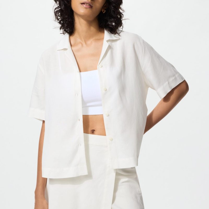 Рубашка из льняной смеси с открытым воротом (короткий рукав)