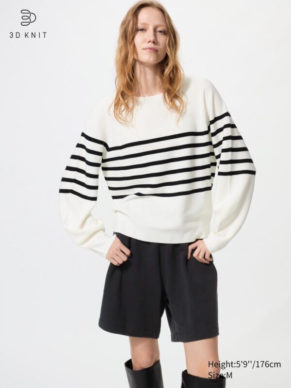 Бесшовный джемпер из 3D-трикотажа с круглым вырезом горловины (объемный рукав, полоска)