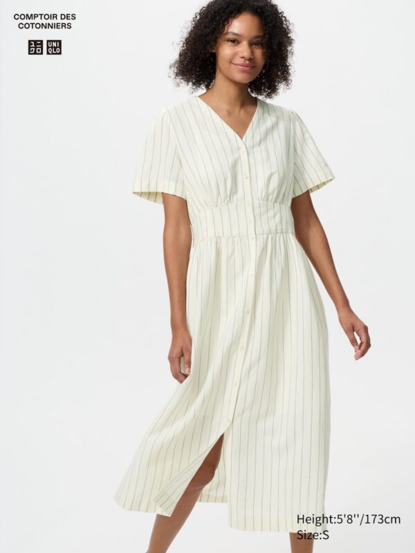 Linen Blend V Neck Dress (Short Sleeve)