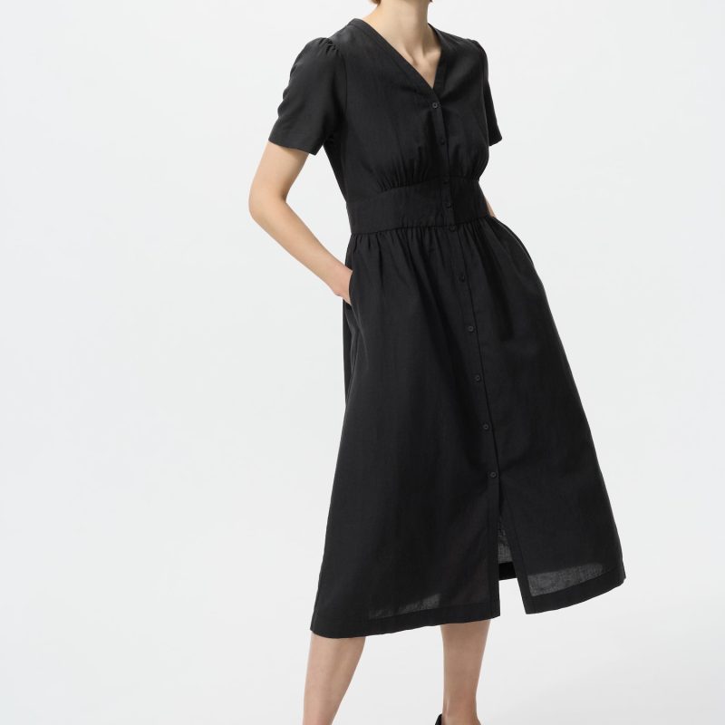 Linen Blend V Neck Dress (Short Sleeve)