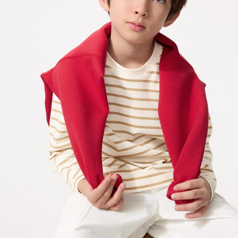 Хлопковая футболка AIRism с круглым вырезом горловины (в полоску, с длинным рукавом)