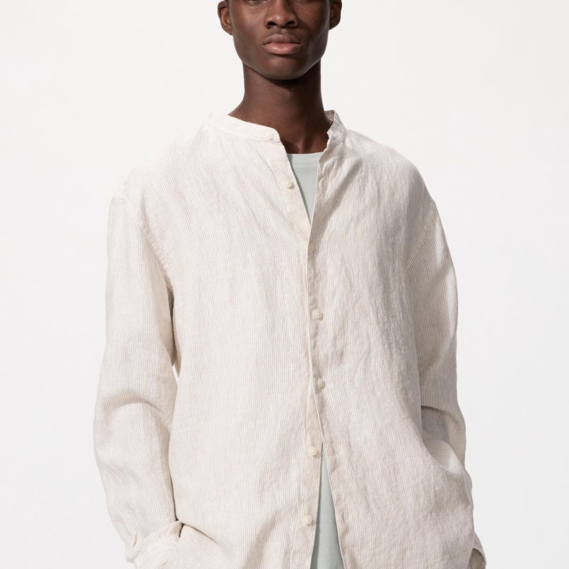 Рубашка из 100% высококачественного льна (воротник-стойка, в полоску)