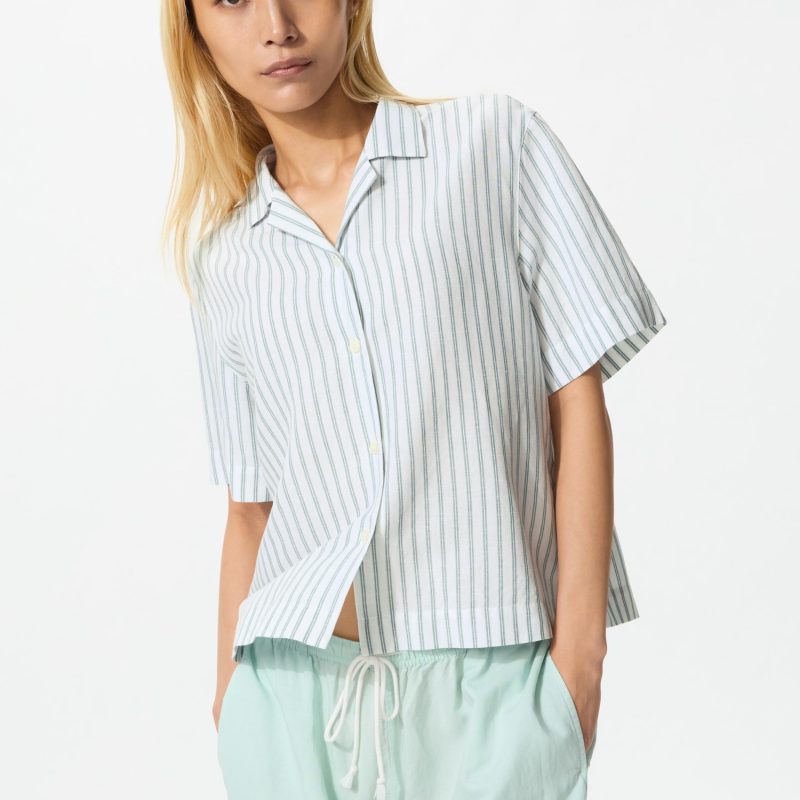 Рубашка из льняной смеси с открытым воротом (в полоску, с коротким рукавом)