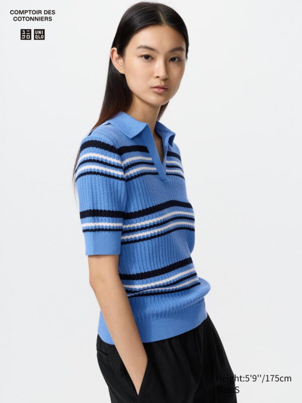 Cotton Pointelle Skipper Polo Jumper (Short Sleeve, Striped)