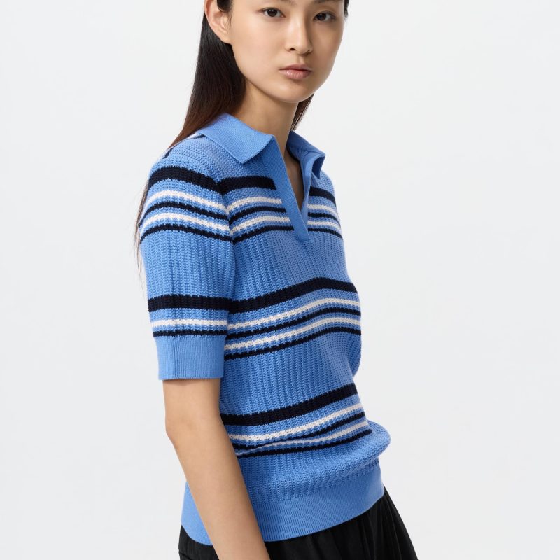 Cotton Pointelle Skipper Polo Jumper (Short Sleeve, Striped)