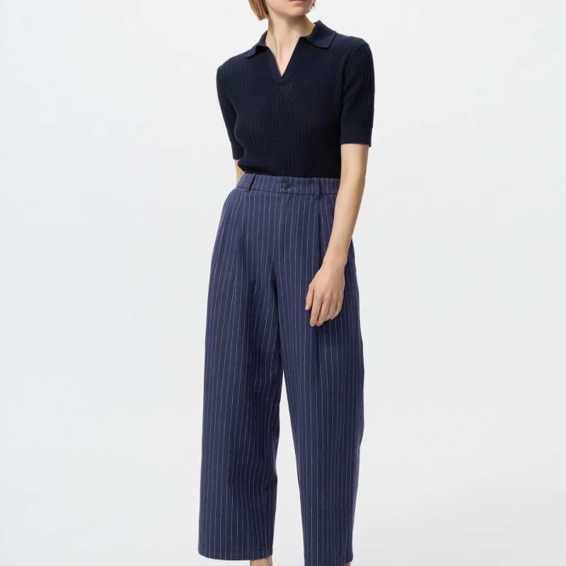 Linen Blend Straight Trousers (Striped)
