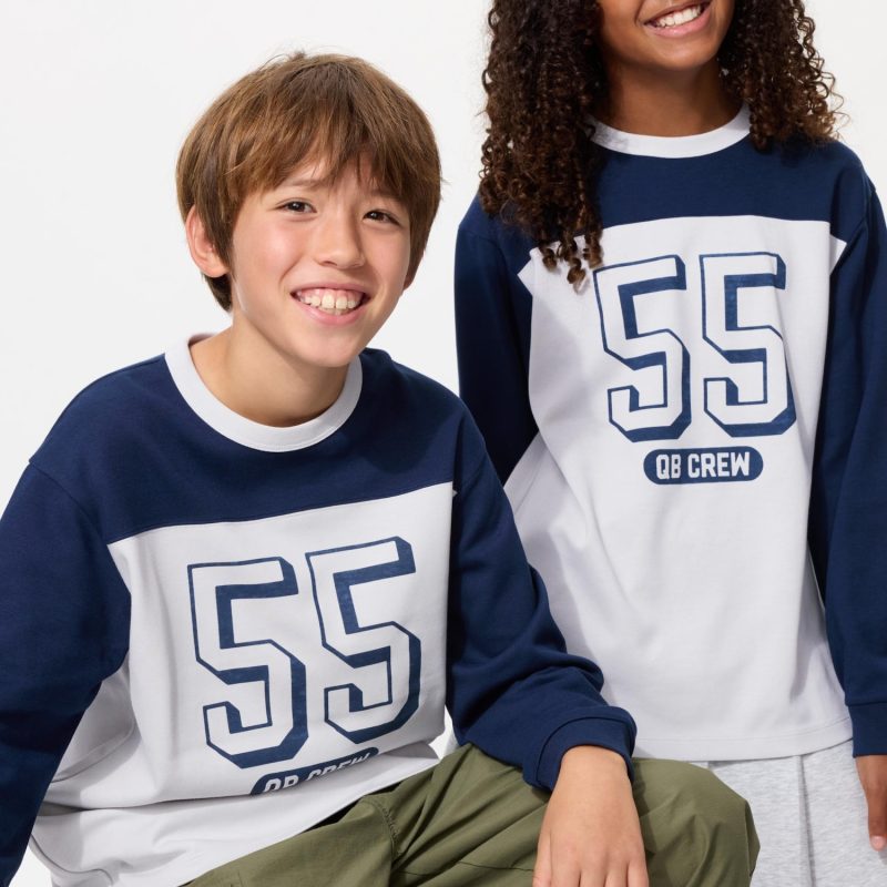 Хлопковая футболка AIRism с круглым вырезом горловины (графический рисунок, длинный рукав)