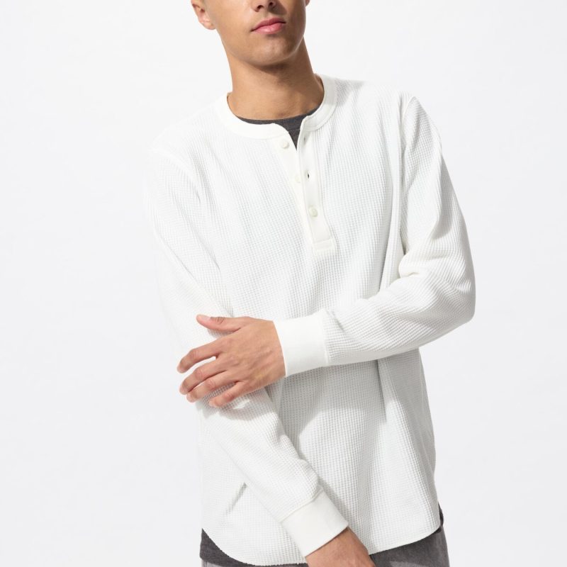 Футболка с воротником Хенли из вафельной ткани (длинный рукав)