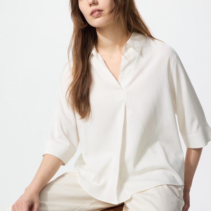 Блузка из вискозы с воротником-стойкой в полоску (рукав 3/4)