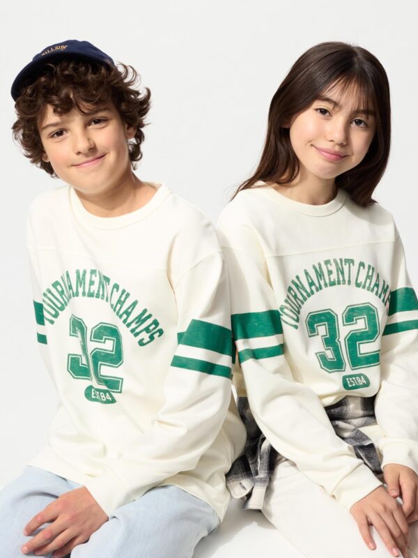 Детская футболка с круглым вырезом из хлопка AIRism (с длинными рукавами, с графическим принтом А)