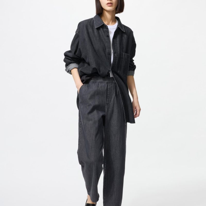 Хлопковые укороченные брюки свободного кроя (деним, длина штанин 61~63 см)