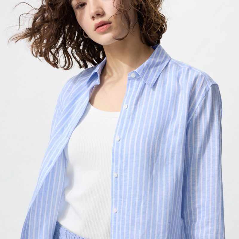 Рубашка из премиального льна в полоску (длинный рукав)