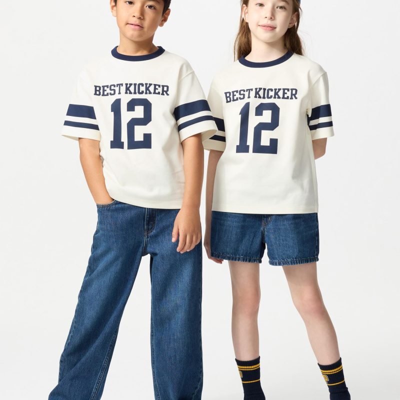 Детская футболка с круглым вырезом из хлопка AIRism с графическим принтом (линии)