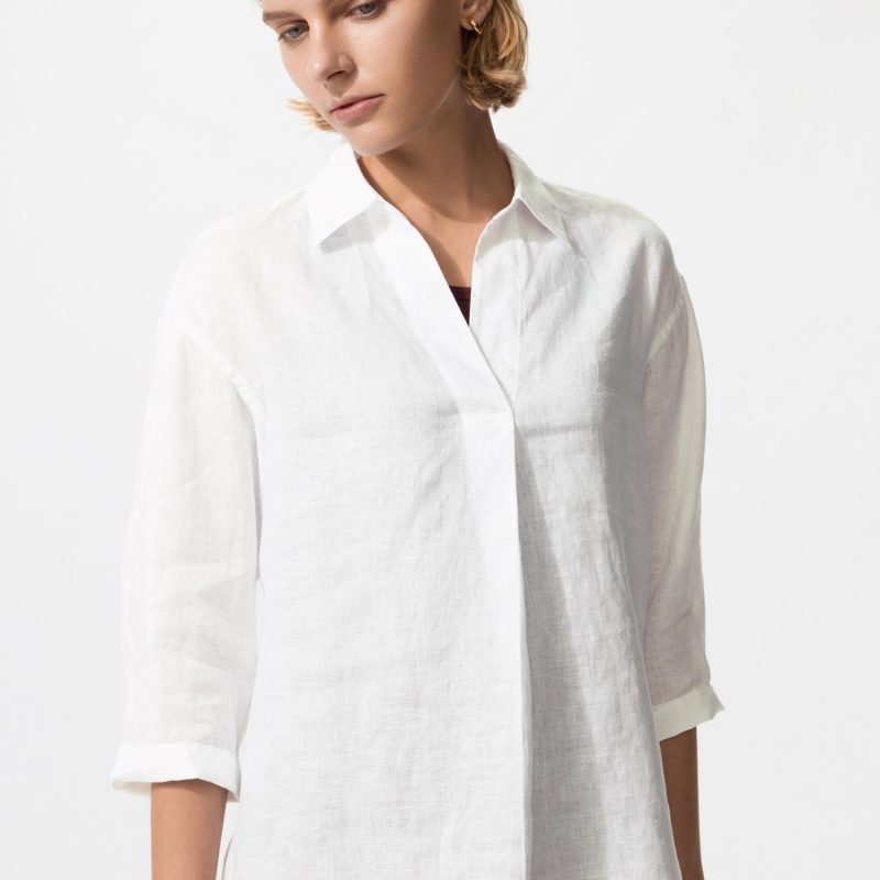 Рубашка из премиального льна с короткими рукавами и воротником-стойкой