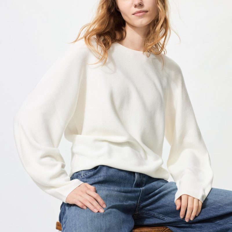 Свитер с объемными рукавами, 3D вязка, хлопок, с круглым вырезом