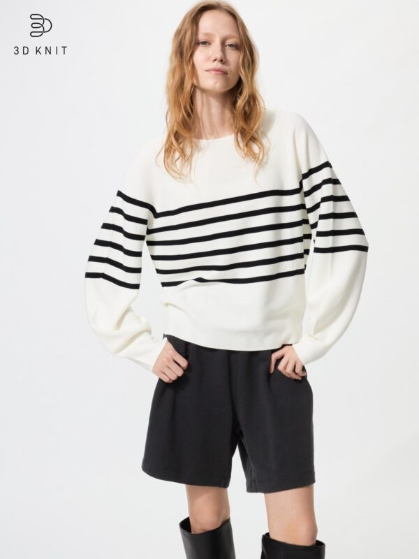 Свитер с объемными рукавами, 3D вязка, хлопок, полоска
