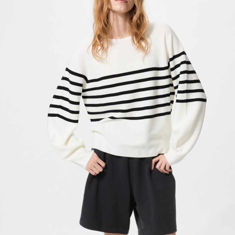 Свитер с объемными рукавами, 3D вязка, хлопок, полоска