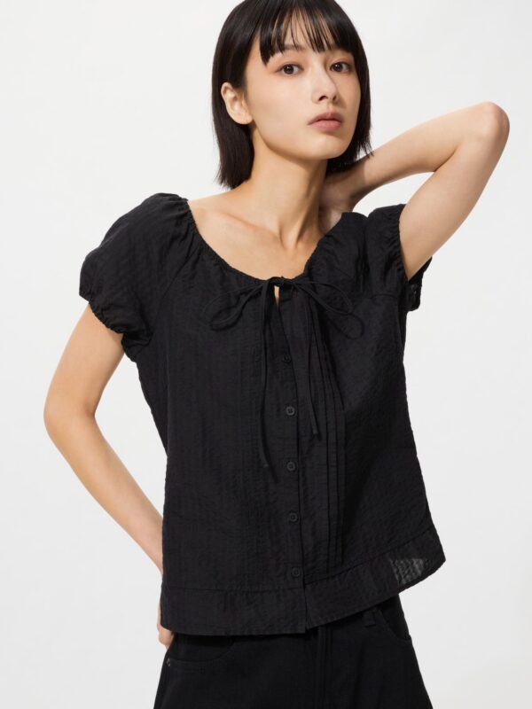 Блузка с круглым вырезом из смесовой льняной ткани (короткий рукав)