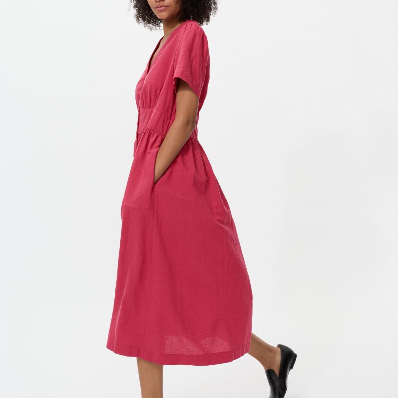 Платье с V-образным вырезом из смесовой льняной ткани (с короткими рукавами)