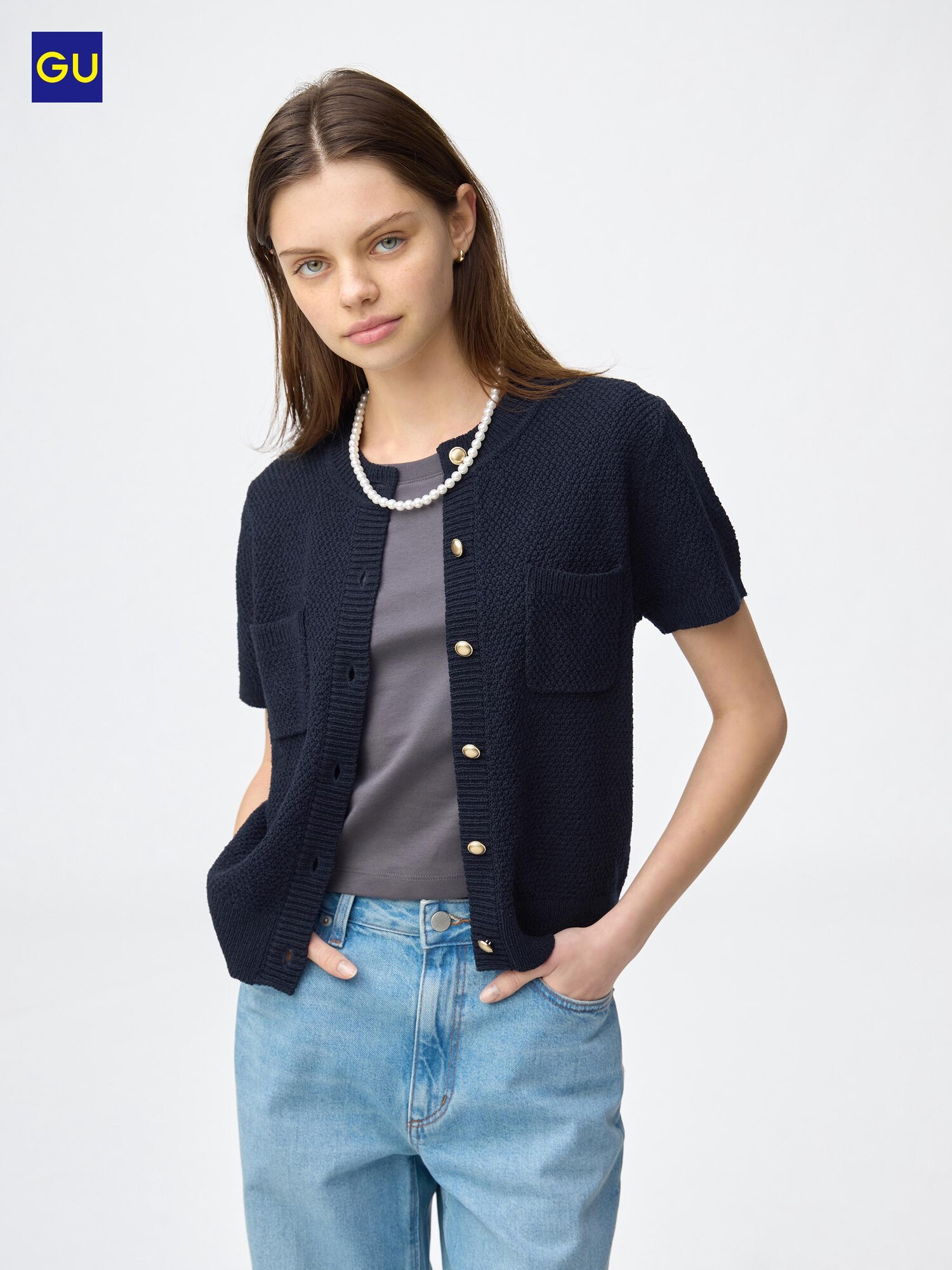 Вязаный кардиган GU с металлическими пуговицами (короткий рукав)