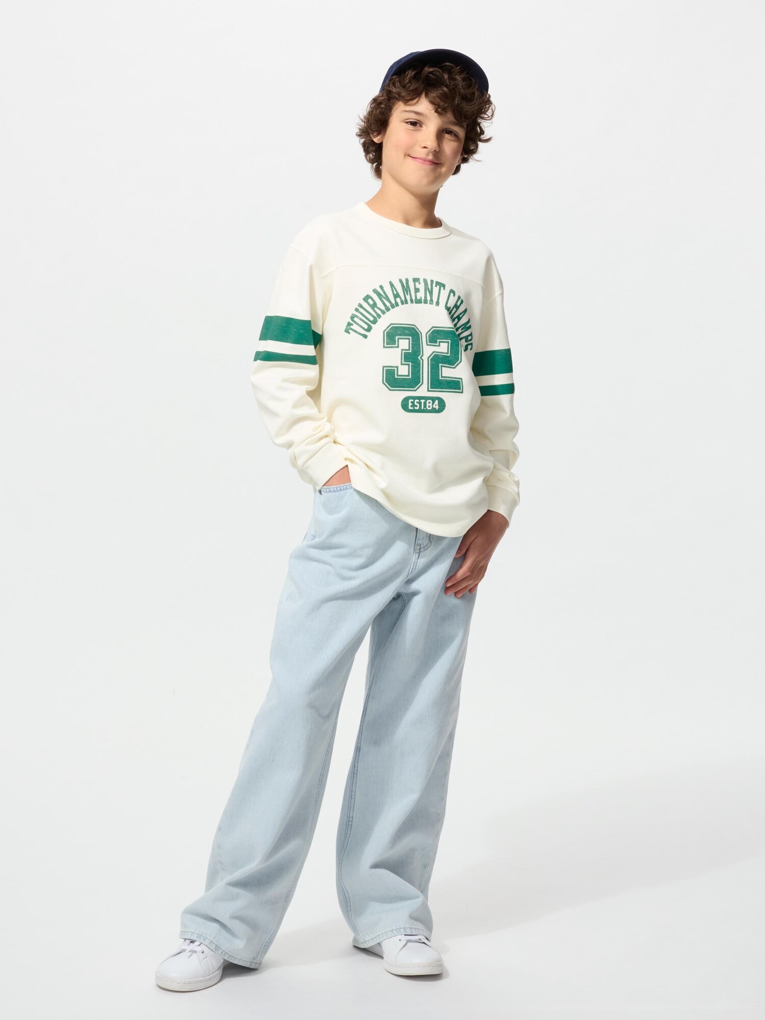 Детская футболка с круглым вырезом из хлопка AIRism (с длинными рукавами, с графическим принтом А)