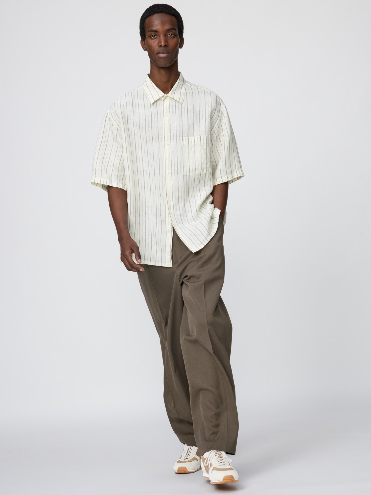 Премиум-рубашка оверсайз из льна (с коротким рукавом) в полоску