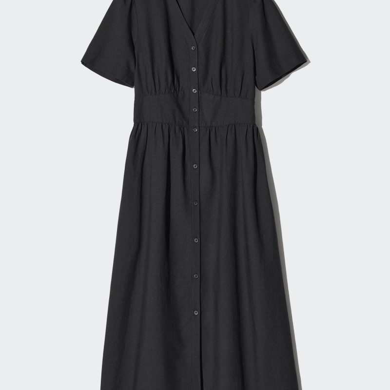 Платье из льняной смеси с V-образным вырезом (короткий рукав)