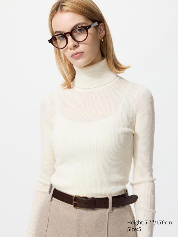 Джемпер-водолазка в рубчик из 100% мериноса с высоким воротом