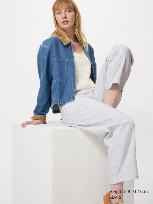 Льняные хлопчатобумажные брюки зауженного кроя (в полоску, удлиненные)