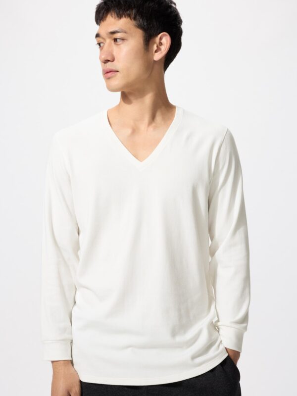 Ультратеплая хлопковая футболка Heattech с V-образным вырезом и рукавом длиной 9 см