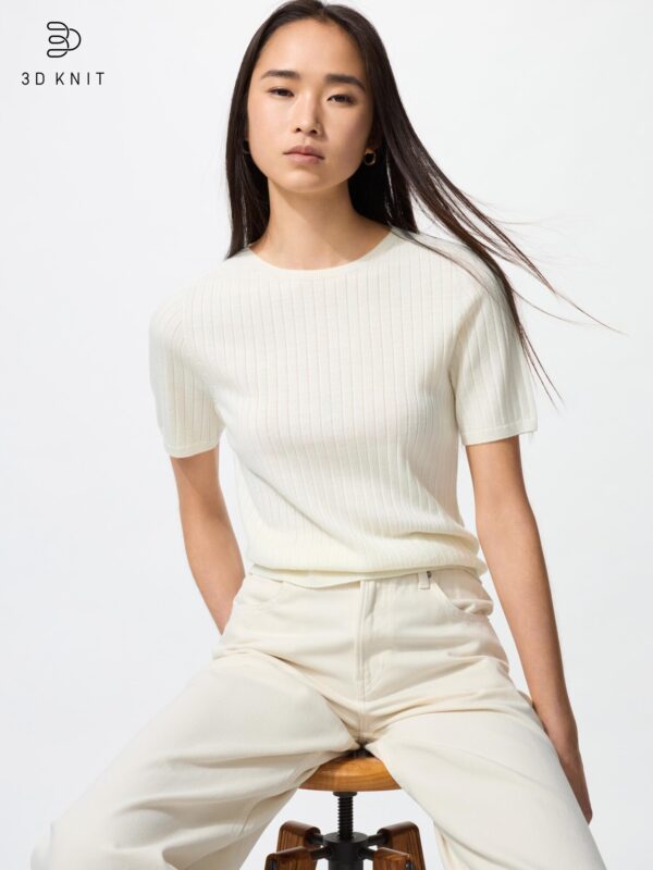 Свитер с круглым вырезом из 3D мериносовой шерсти в рубчик / рукава длиной 5 минут