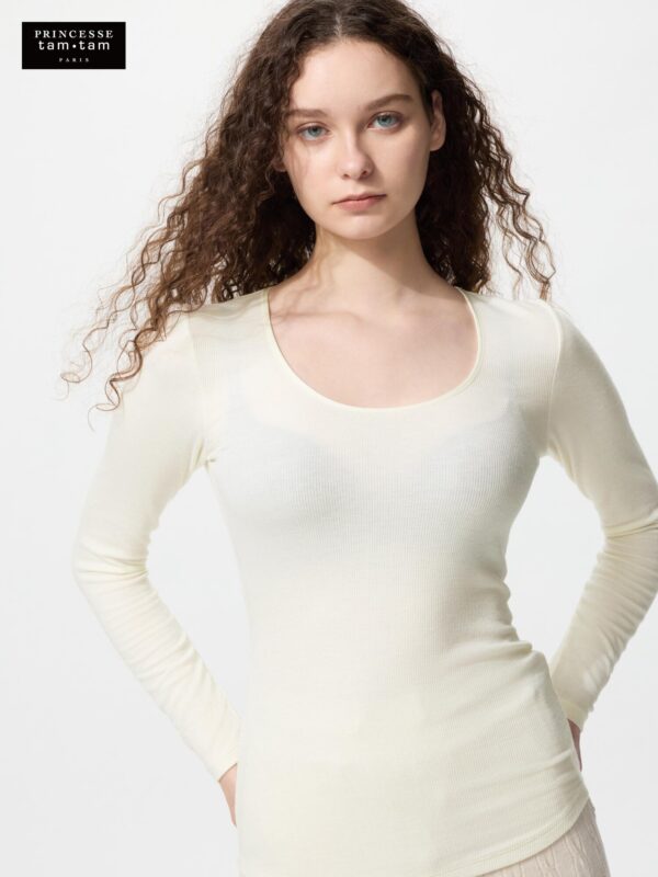 Очень теплая футболка с круглым вырезом в рубчик из смеси кашемира Heattech