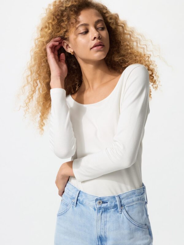 Ультратеплая хлопковая футболка Heattech с U-образным вырезом и рукавом длиной 8 см