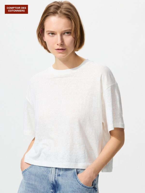 Льняная boxy-футболка с рукавами до локтя