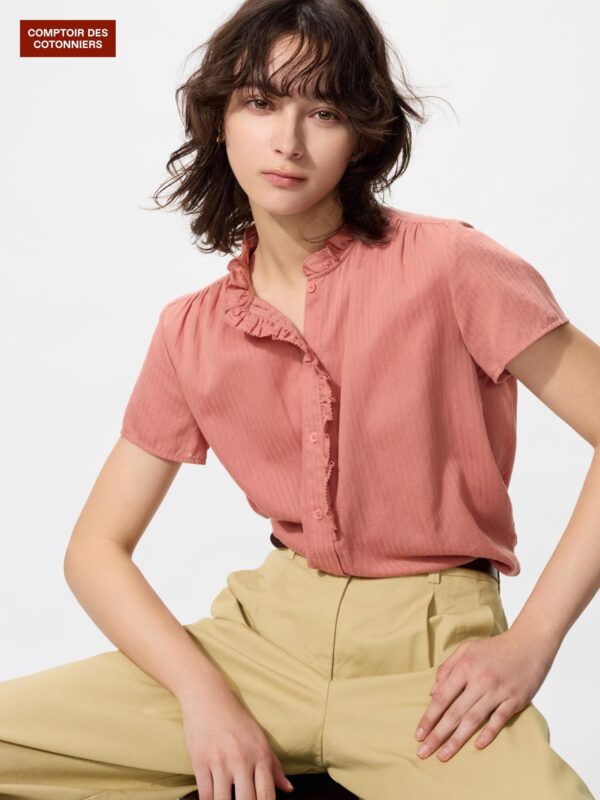 Рубашка в полоску из хлопка с рюшами