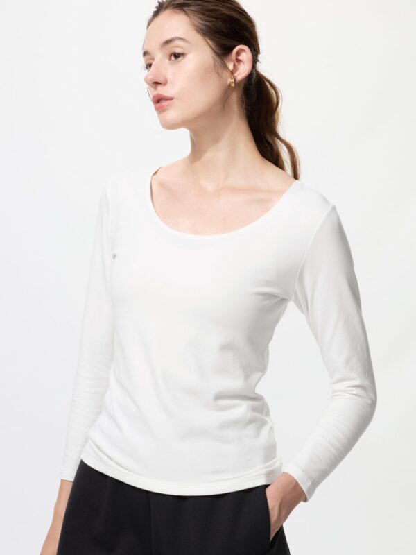 Ультратеплая хлопковая футболка Heattech с U-образным вырезом и рукавом длиной 8 см