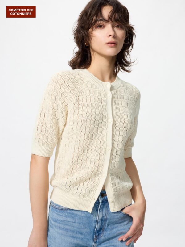 Льняной кардиган с круглым вырезом, рукава 3/4